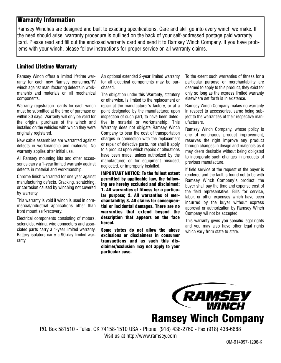 Ramsey winch company, Warranty information | Ramsey Winch PATRIOT PROFILE-6000_8000_9000_9500 User Manual | Page 16 / 16