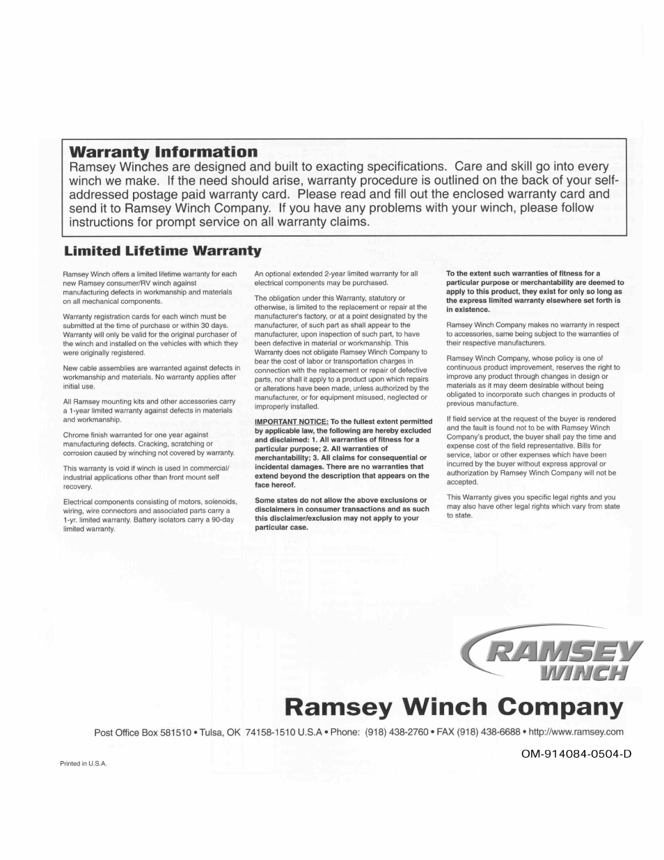 Ramsey Winch PLAT-9000 User Manual | Page 12 / 12