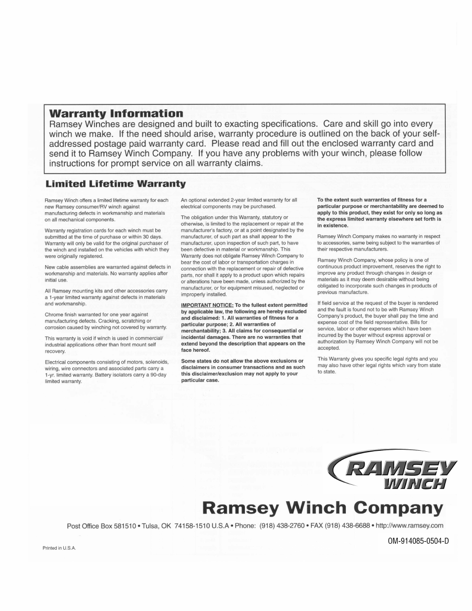 Ramsey Winch PLAT-9500 User Manual | Page 12 / 12