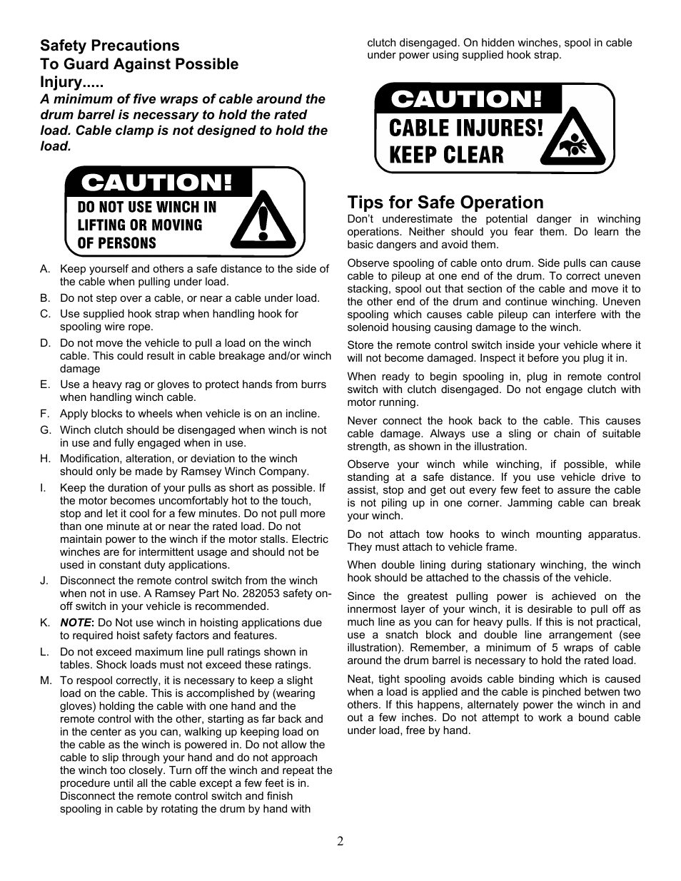 Tips for safe operation | Ramsey Winch PLAT-9500 User Manual | Page 2 / 12