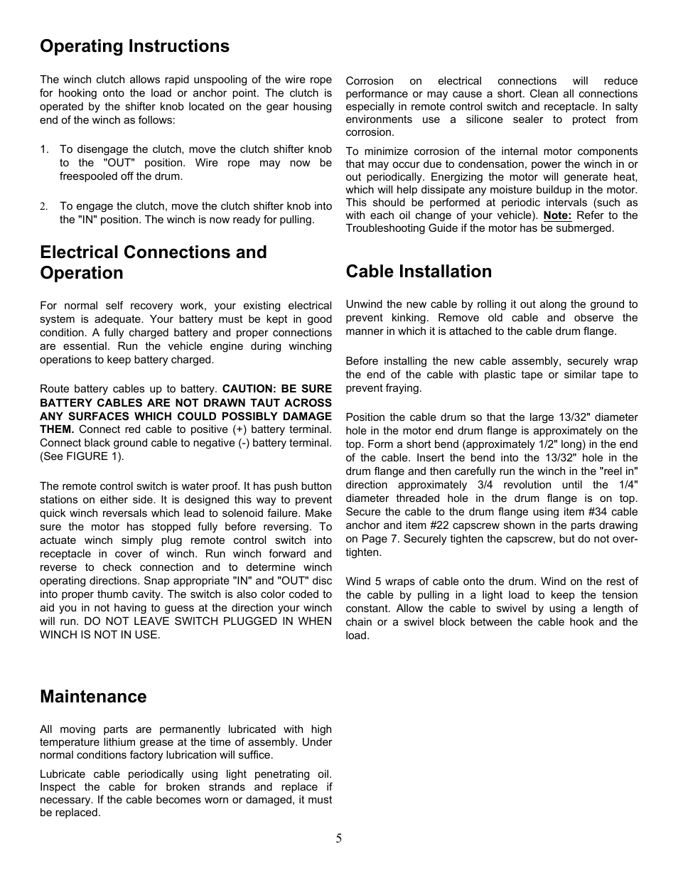 Operating instructions, Electrical connections and operation, Maintenance | Cable installation | Ramsey Winch PLAT-9500 User Manual | Page 5 / 12