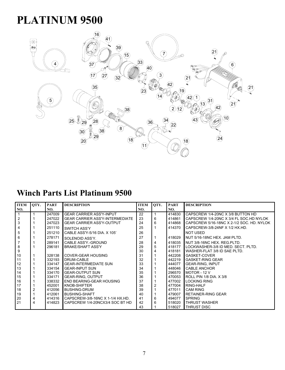 Platinum 9500, Winch parts list platinum 9500 | Ramsey Winch PLAT-9500 User Manual | Page 7 / 12