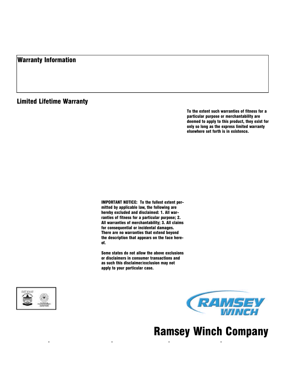 Ramsey winch company, Warranty information, Limited lifetime warranty | Ramsey Winch PLAT-9500 BAD BOY User Manual | Page 12 / 12