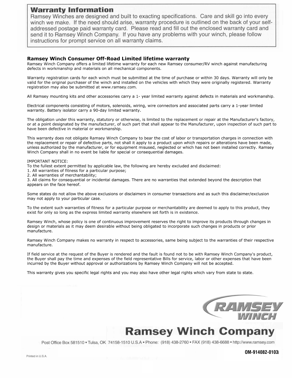 Ramsey Winch PROPLUS-6000_8000 User Manual | Page 12 / 12