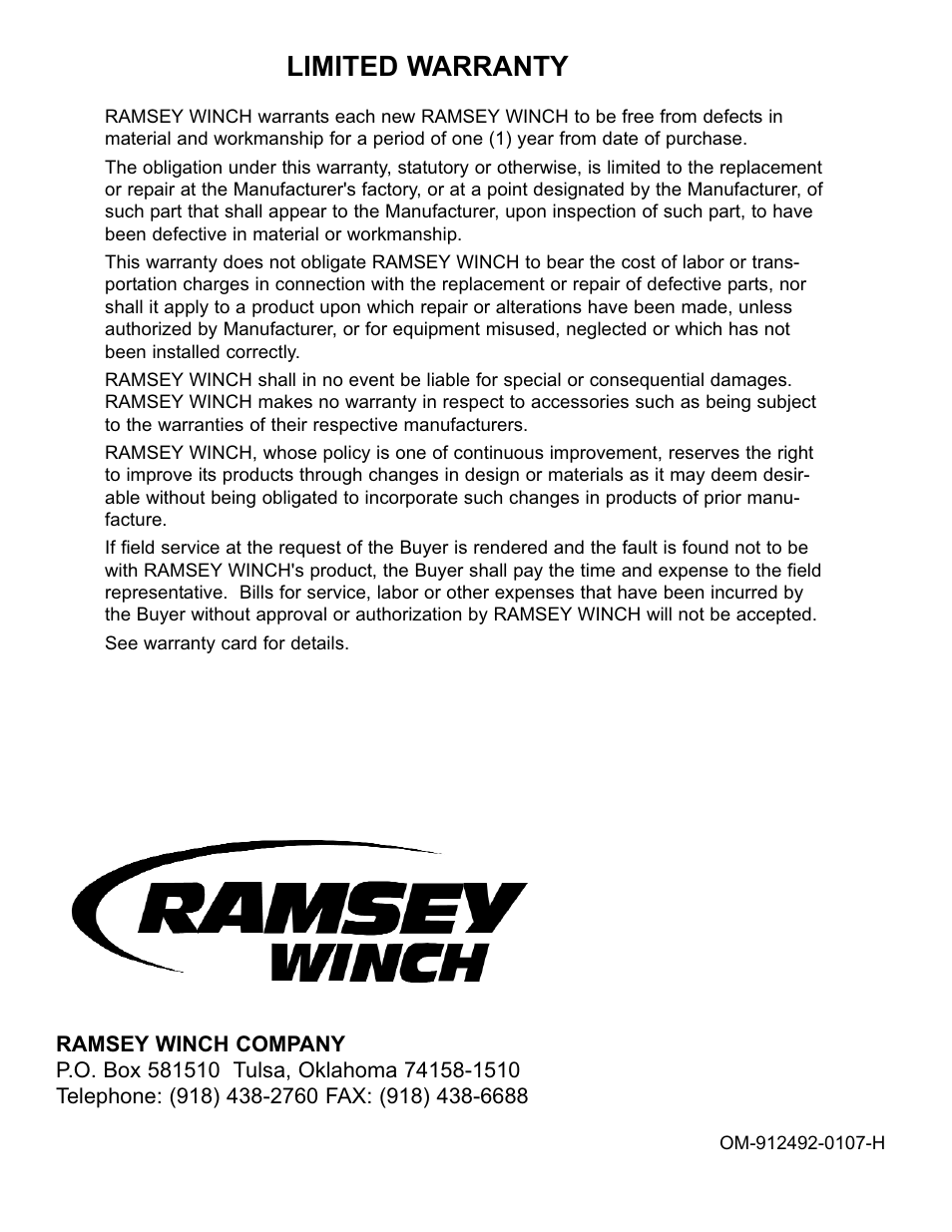 Limited warranty | Ramsey Winch QM-5000_QM-8000_QM-9000 User Manual | Page 12 / 12