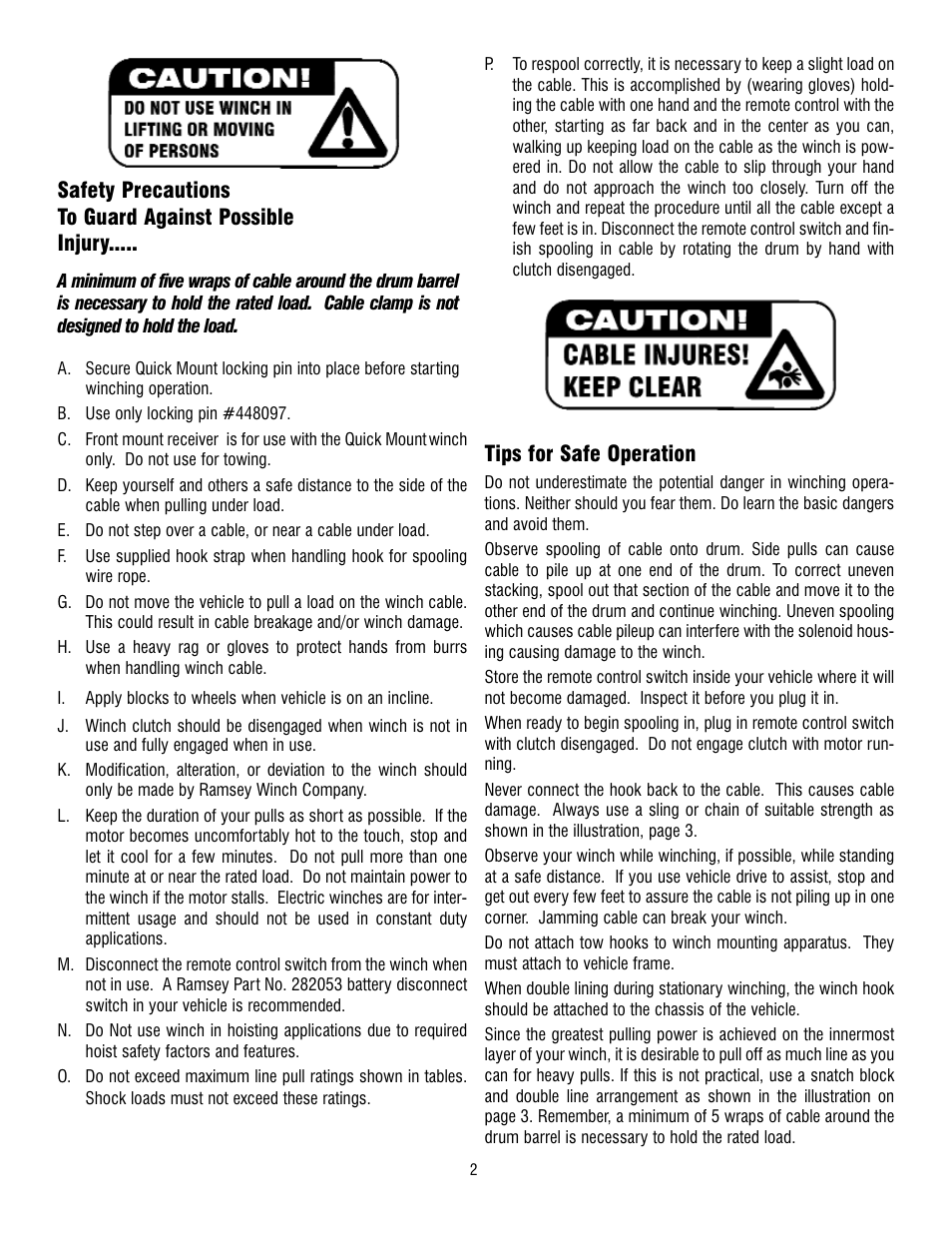 Tips for safe operation | Ramsey Winch QM-8000 User Manual | Page 2 / 12