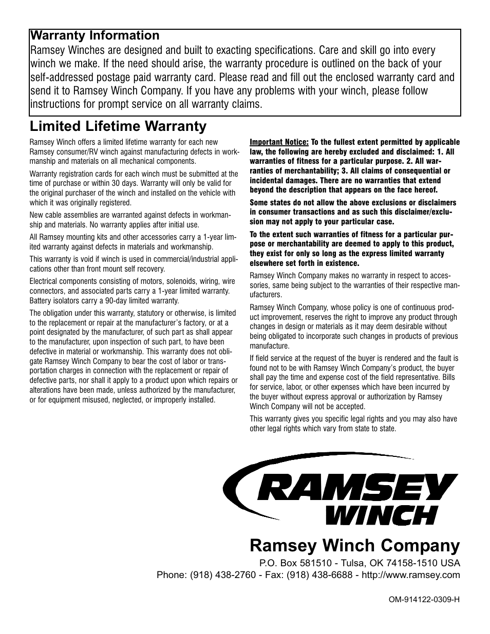 Ramsey winch company, Limited lifetime warranty, Warranty information | Ramsey Winch QM-9000 User Manual | Page 12 / 12