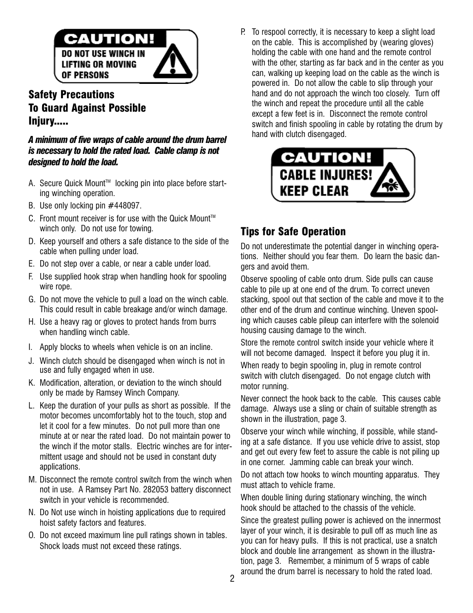 Tips for safe operation | Ramsey Winch QM-9000 User Manual | Page 3 / 12