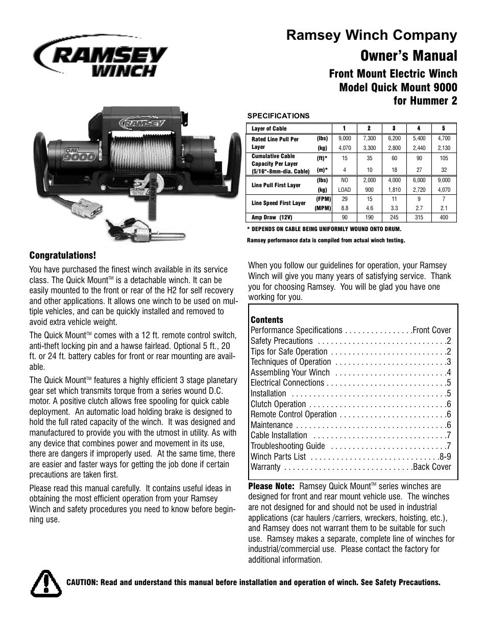 Ramsey Winch QM-9000 for H2 User Manual | 12 pages