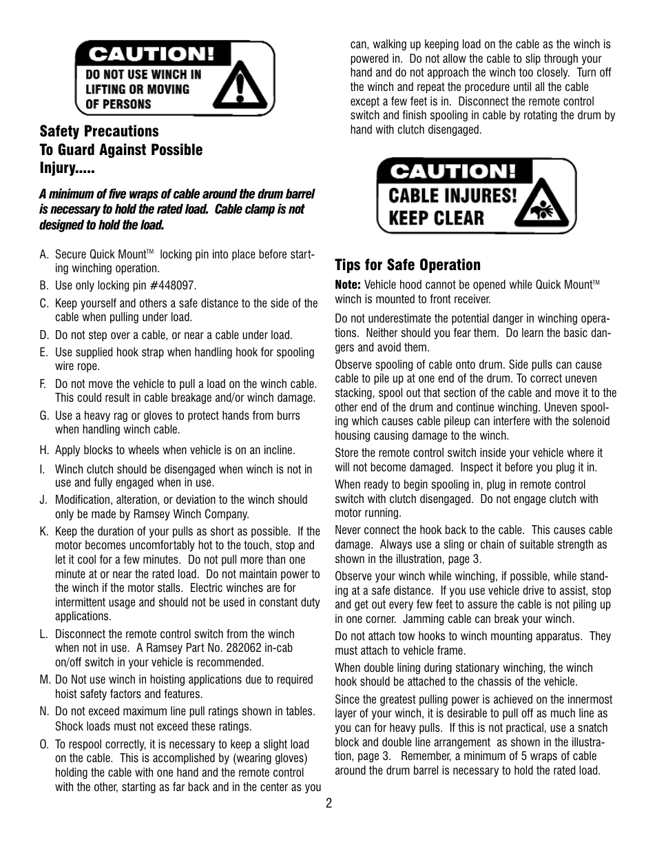 Tips for safe operation | Ramsey Winch QM-9000 for H2 User Manual | Page 2 / 12