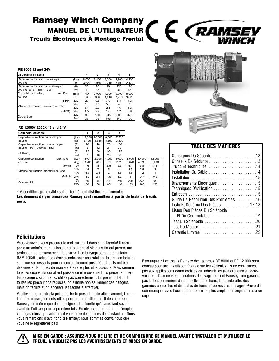 Ramsey winch company, Manuel de l’utilisateur, Félicitations | Ramsey Winch RE 8000 & 12000 User Manual | Page 12 / 44