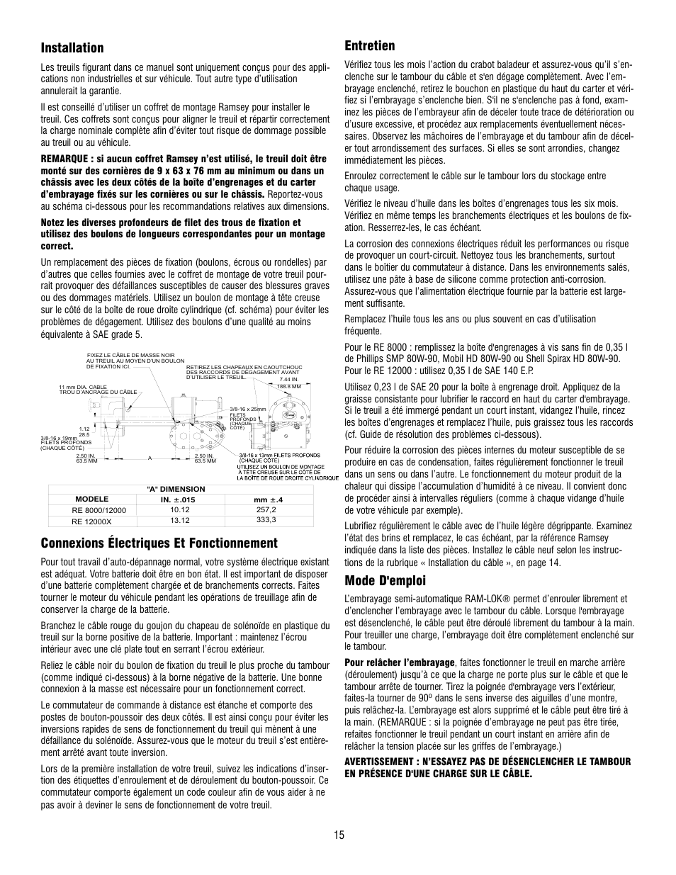 Installation, Connexions électriques et fonctionnement, Entretien | Mode d'emploi | Ramsey Winch RE 8000 & 12000 User Manual | Page 15 / 44