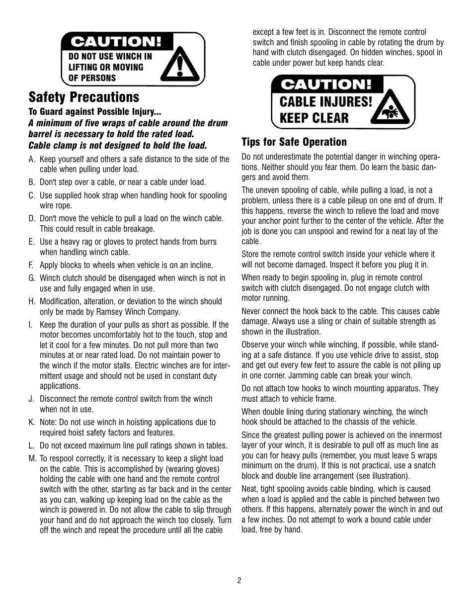 Safety precautions, Tips for safe operation | Ramsey Winch RE 8000 & 12000 User Manual | Page 2 / 44