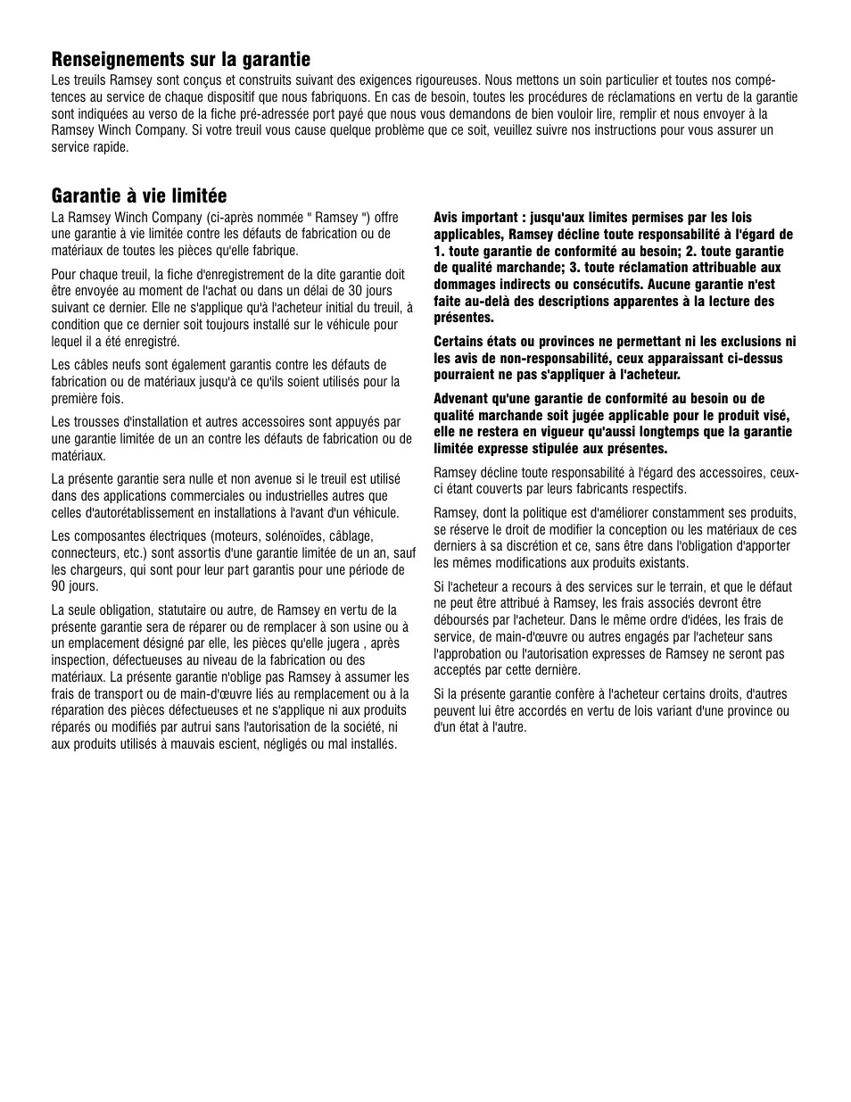 Garantie à vie limitée, Renseignements sur la garantie | Ramsey Winch RE 8000 & 12000 User Manual | Page 22 / 44