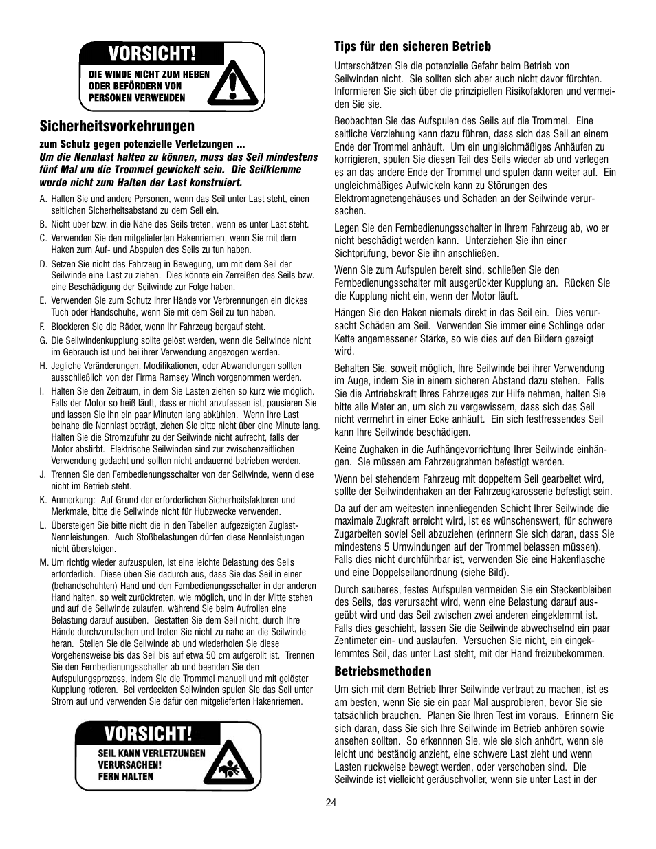 Sicherheitsvorkehrungen | Ramsey Winch RE 8000 & 12000 User Manual | Page 24 / 44