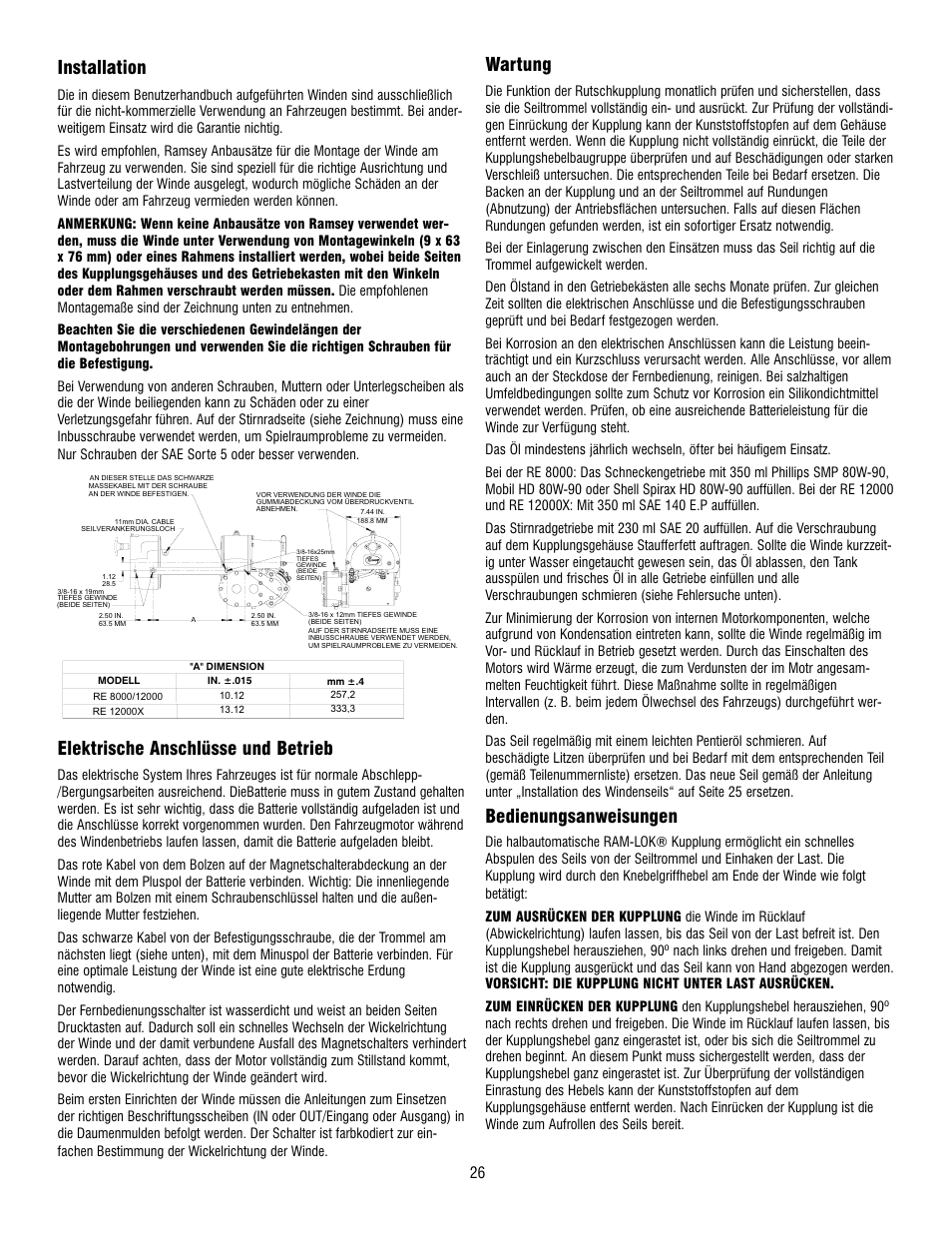 Installation, Elektrische anschlüsse und betrieb, Wartung | Bedienungsanweisungen | Ramsey Winch RE 8000 & 12000 User Manual | Page 26 / 44