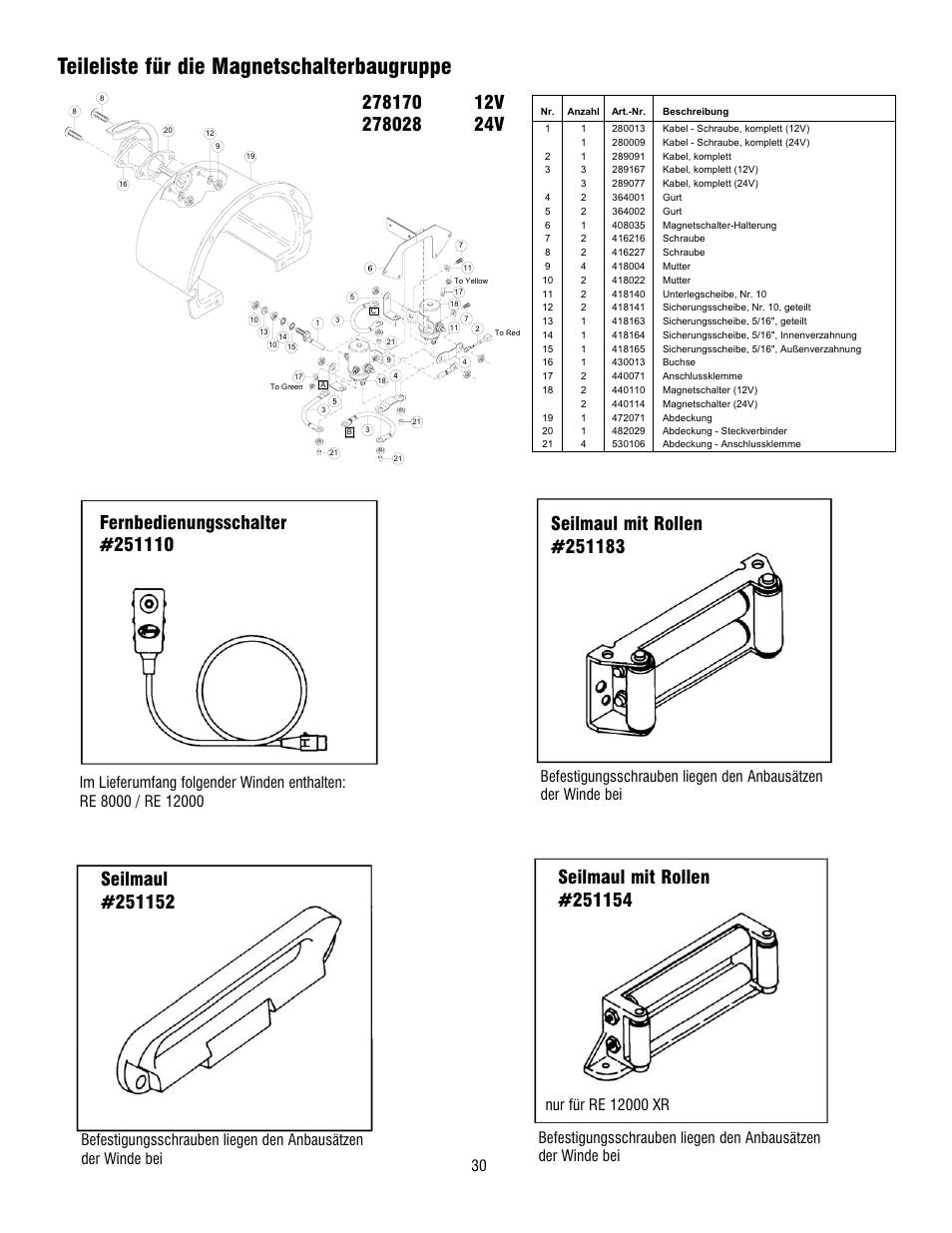 Teileliste für die magnetschalterbaugruppe | Ramsey Winch RE 8000 & 12000 User Manual | Page 30 / 44