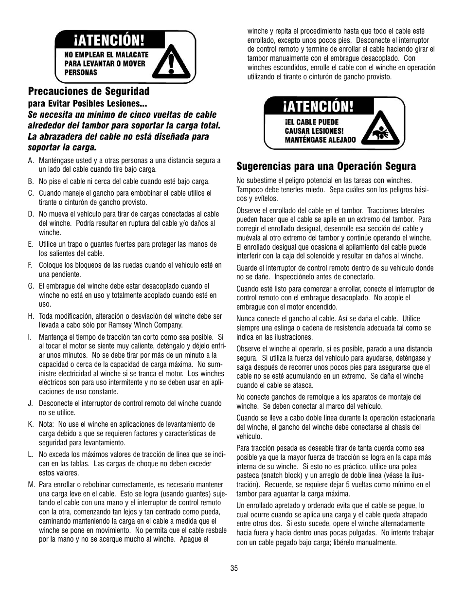 Precauciones de seguridad, Sugerencias para una operación segura | Ramsey Winch RE 8000 & 12000 User Manual | Page 35 / 44