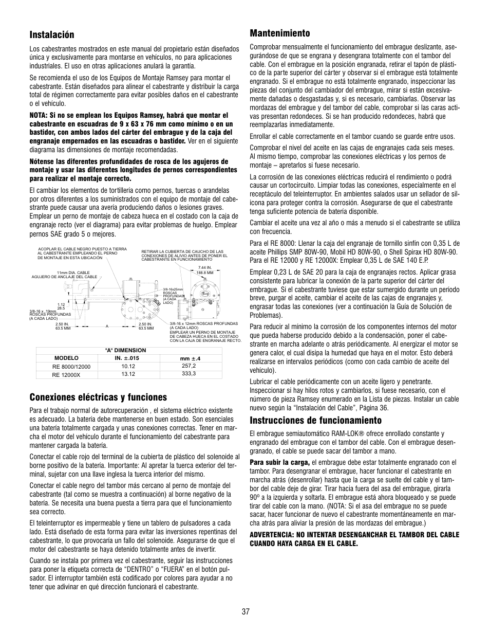 Instalación, Conexiones eléctricas y funciones, Mantenimiento | Instrucciones de funcionamiento | Ramsey Winch RE 8000 & 12000 User Manual | Page 37 / 44
