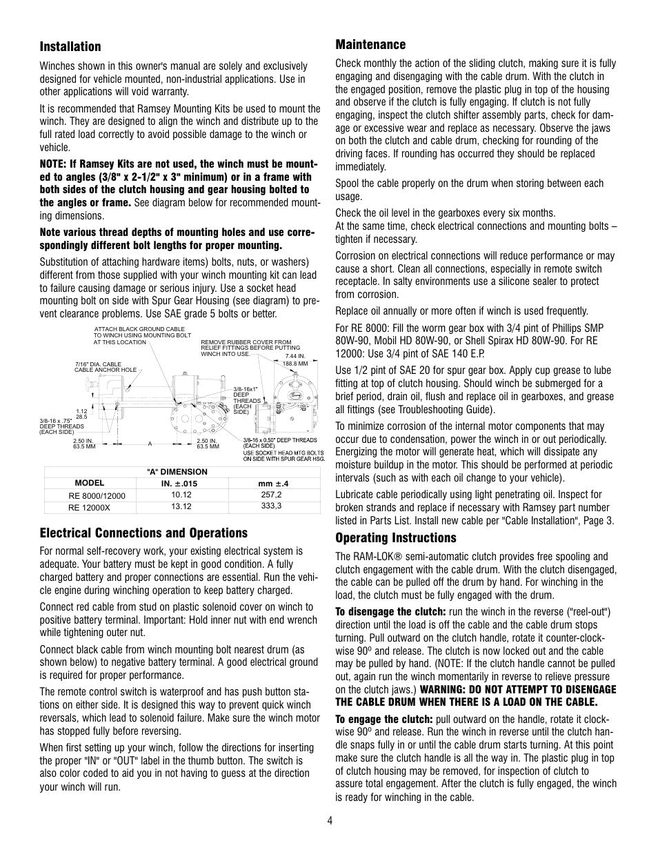 Installation, Electrical connections and operations, Maintenance | Operating instructions | Ramsey Winch RE 8000 & 12000 User Manual | Page 4 / 44