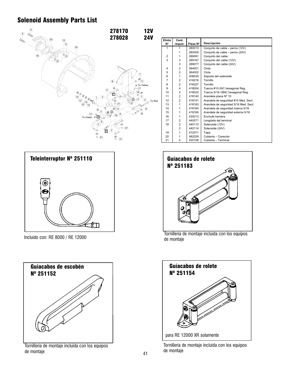 Solenoid assembly parts list | Ramsey Winch RE 8000 & 12000 User Manual | Page 41 / 44