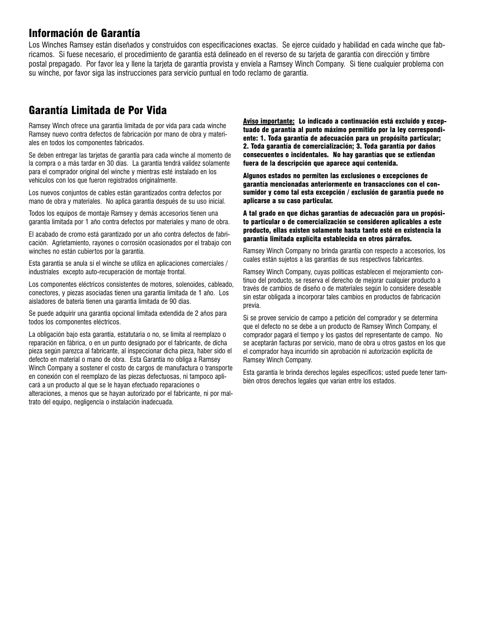 Garantía limitada de por vida, Información de garantía | Ramsey Winch RE 8000 & 12000 User Manual | Page 44 / 44