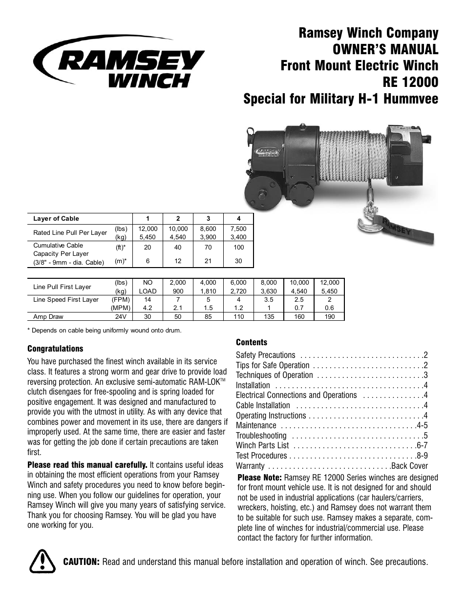 Ramsey Winch RE-12000 SPECIAL FOR H-1 HUMMVEE MOUNTING KIT User Manual | 12 pages