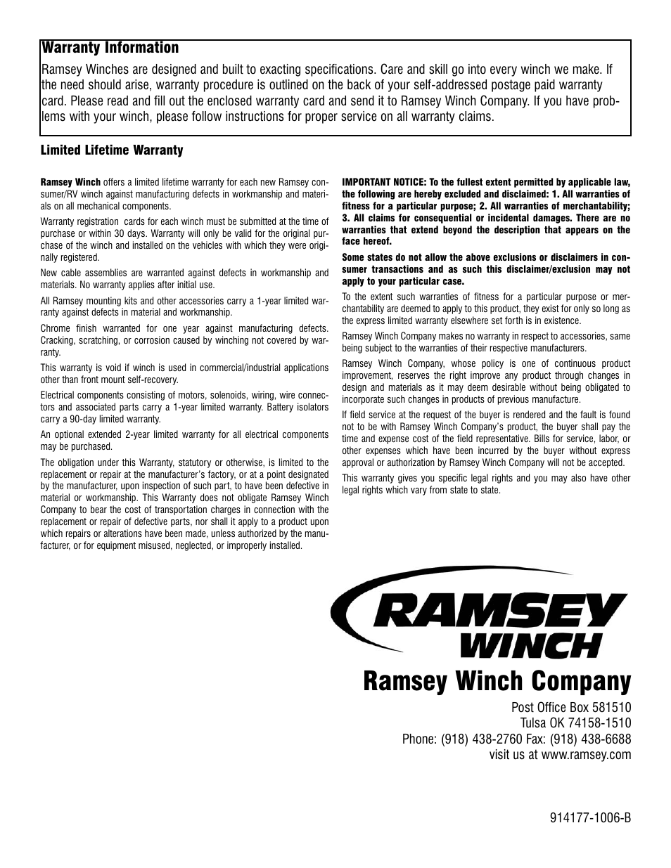 Ramsey winch company, Warranty information | Ramsey Winch RE-12000 SPECIAL FOR H-1 HUMMVEE MOUNTING KIT User Manual | Page 12 / 12