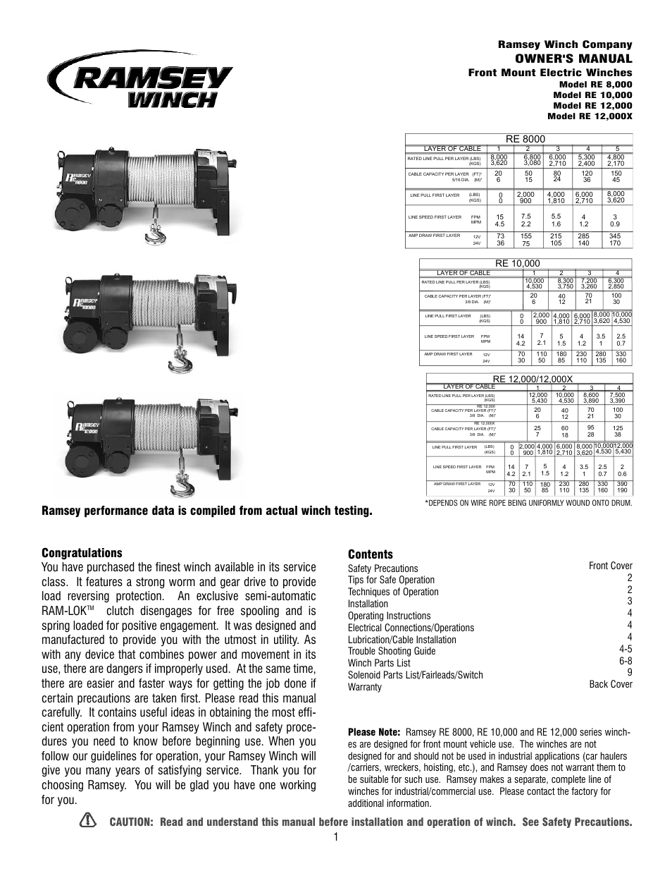 Ramsey Winch RE-8000/10000/12000/12000X User Manual | 12 pages