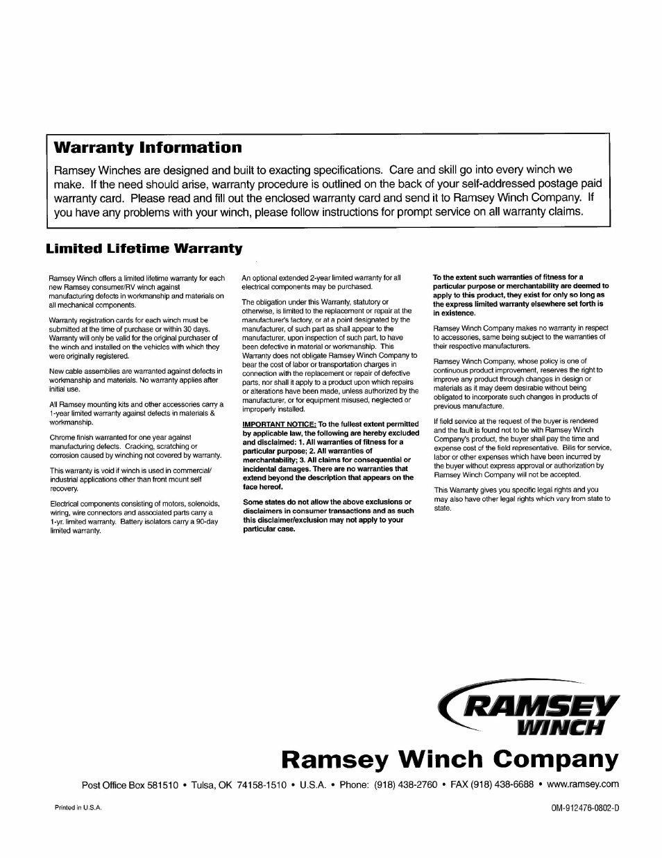 Ramsey Winch RE-8000/10000/12000/12000X User Manual | Page 12 / 12