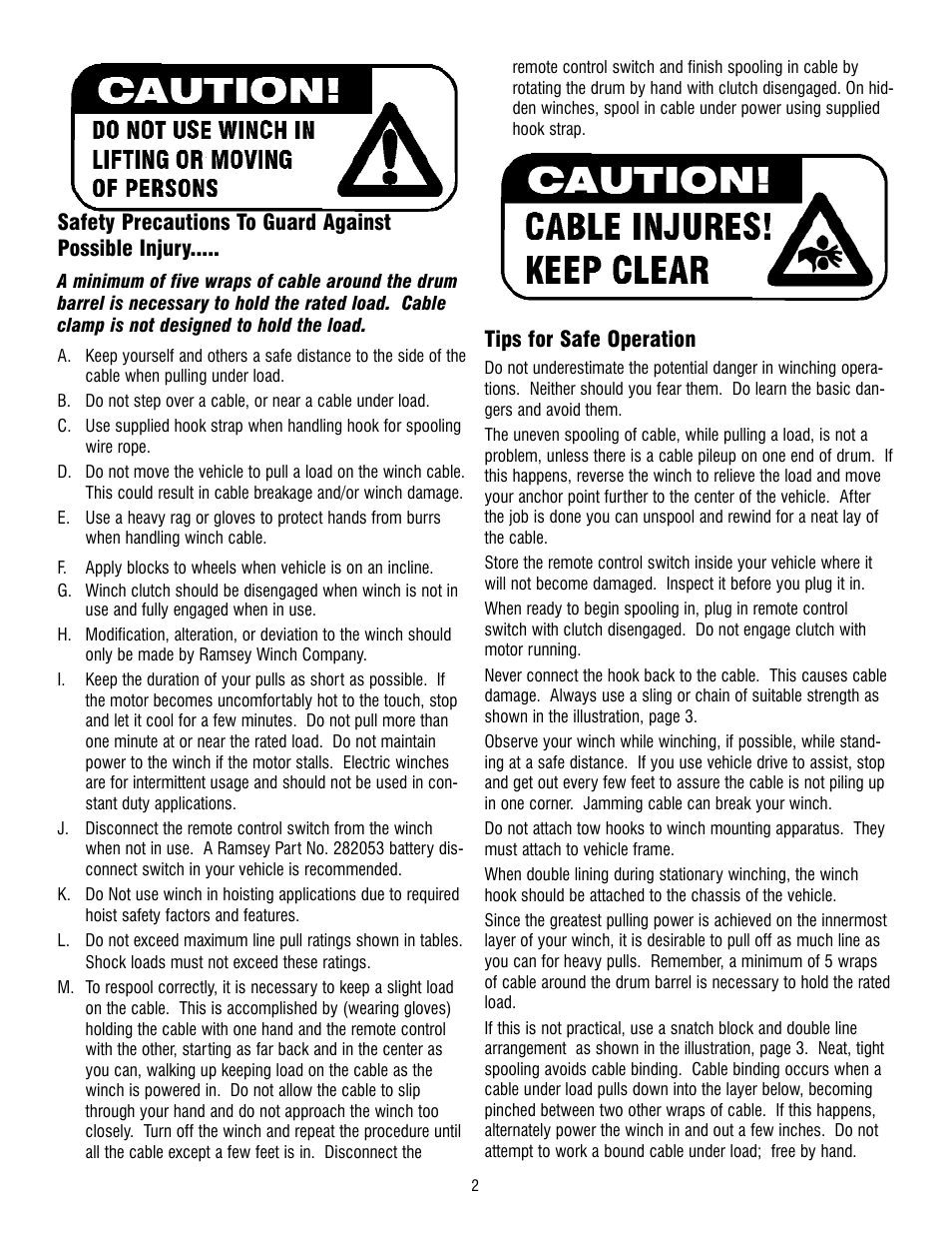 Tips for safe operation | Ramsey Winch RE-8000/10000/12000/12000X User Manual | Page 2 / 12