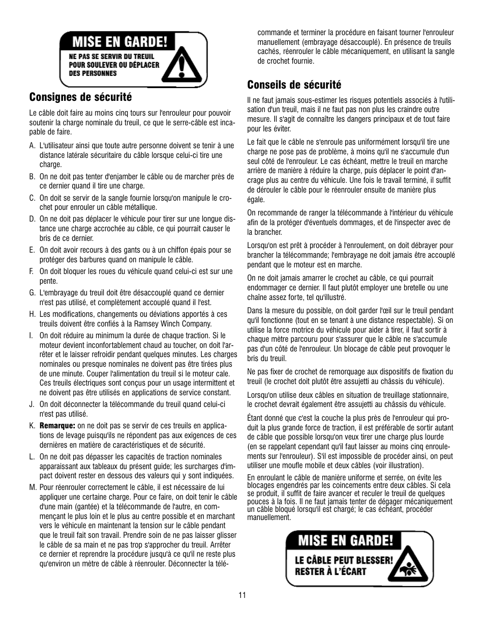 Consignes de sécurité, Conseils de sécurité | Ramsey Winch REP 5000 User Manual | Page 11 / 36