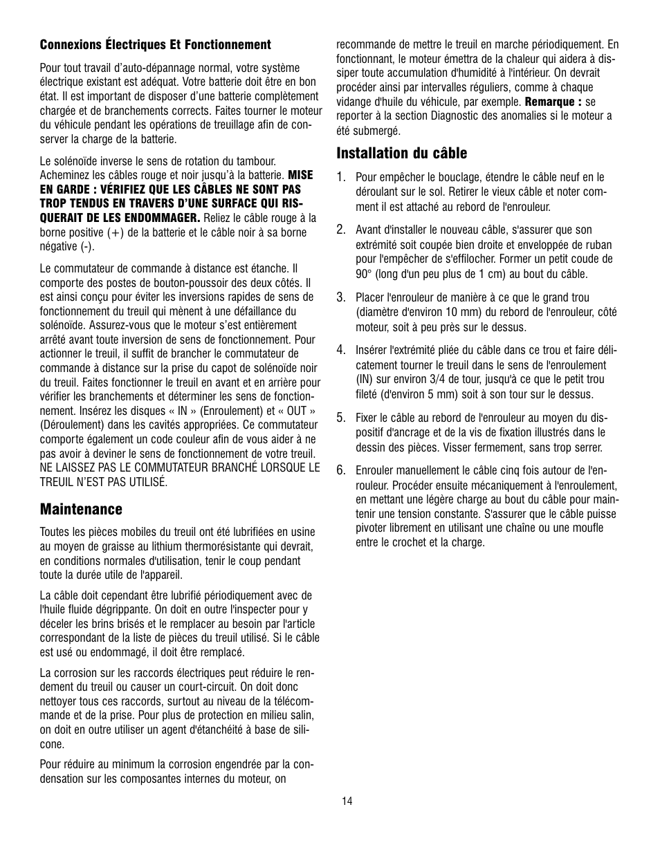 Maintenance, Installation du câble | Ramsey Winch REP 5000 User Manual | Page 14 / 36