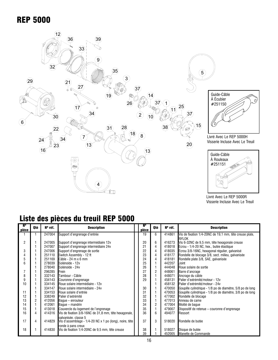 Rep 5000, Liste des pièces du treuil rep 5000 | Ramsey Winch REP 5000 User Manual | Page 16 / 36