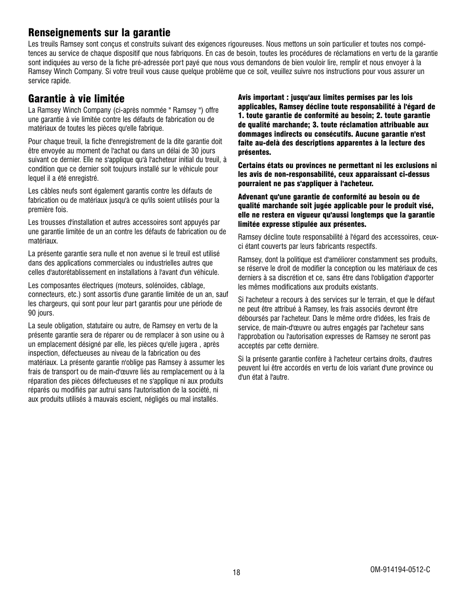 Garantie à vie limitée, Renseignements sur la garantie | Ramsey Winch REP 5000 User Manual | Page 18 / 36