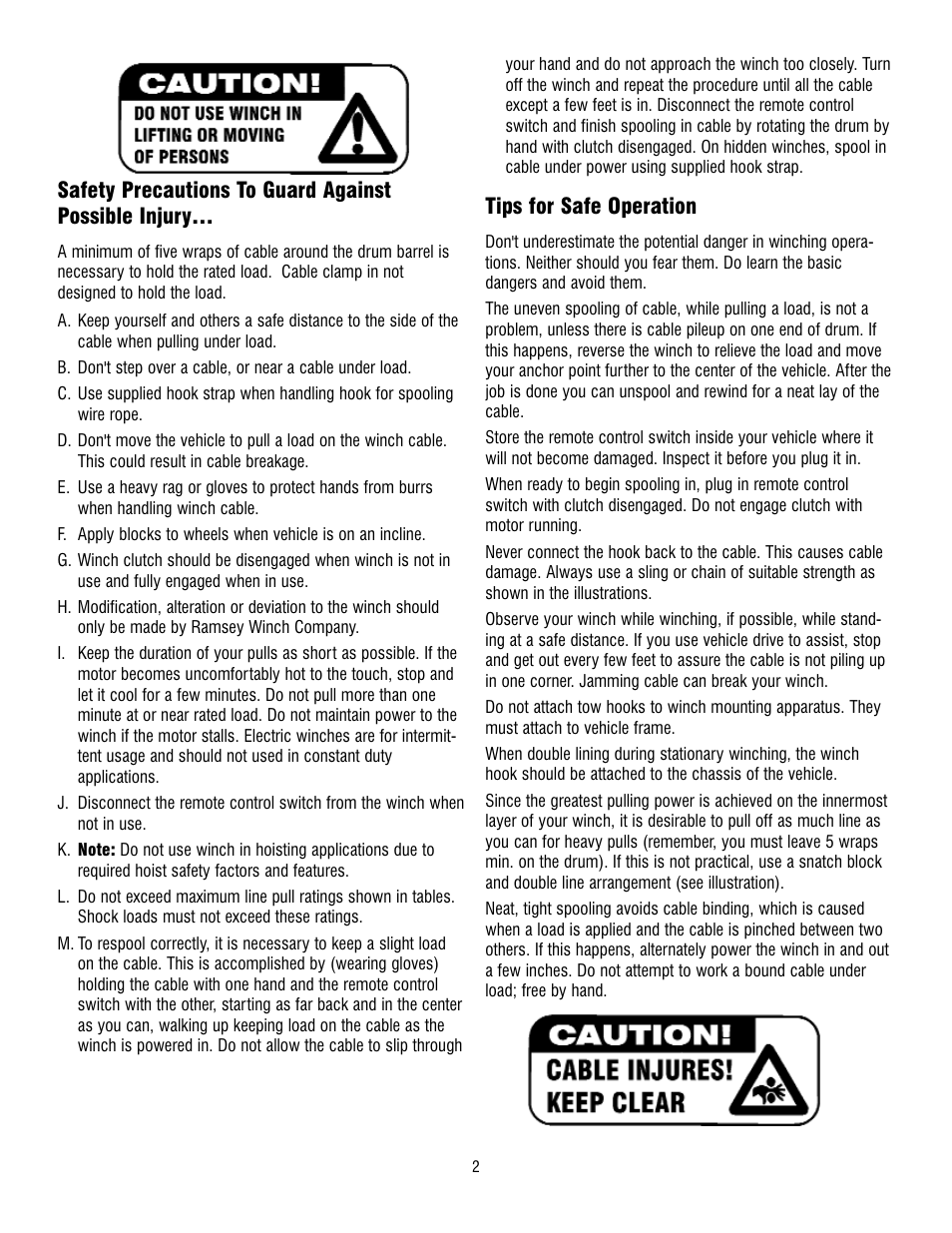 Tips for safe operation | Ramsey Winch REP 5000 User Manual | Page 2 / 36