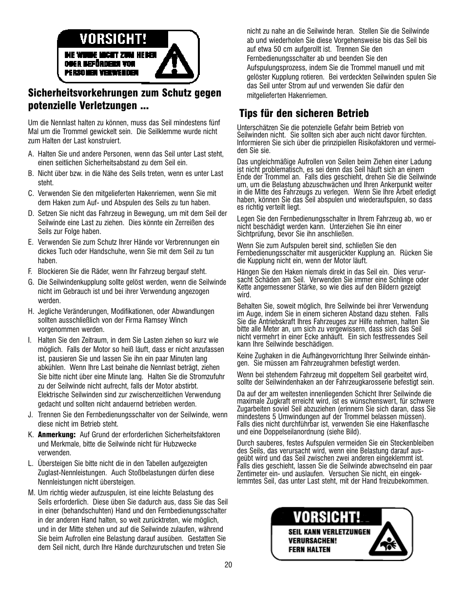 Tips für den sicheren betrieb | Ramsey Winch REP 5000 User Manual | Page 20 / 36