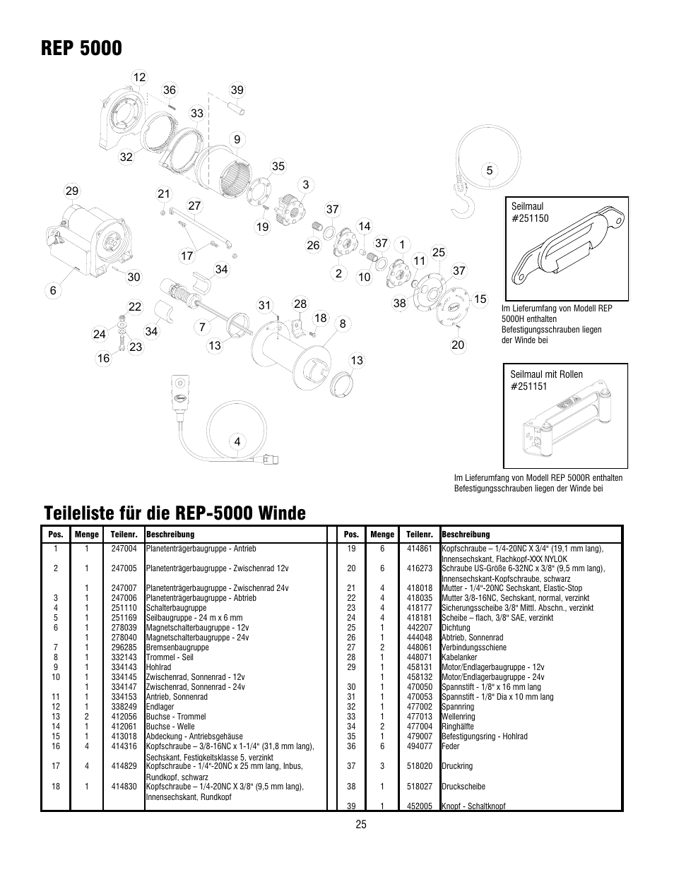 Rep 5000, Teileliste für die rep-5000 winde | Ramsey Winch REP 5000 User Manual | Page 25 / 36