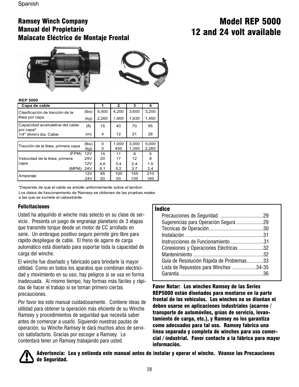 Índice, Spanish | Ramsey Winch REP 5000 User Manual | Page 28 / 36