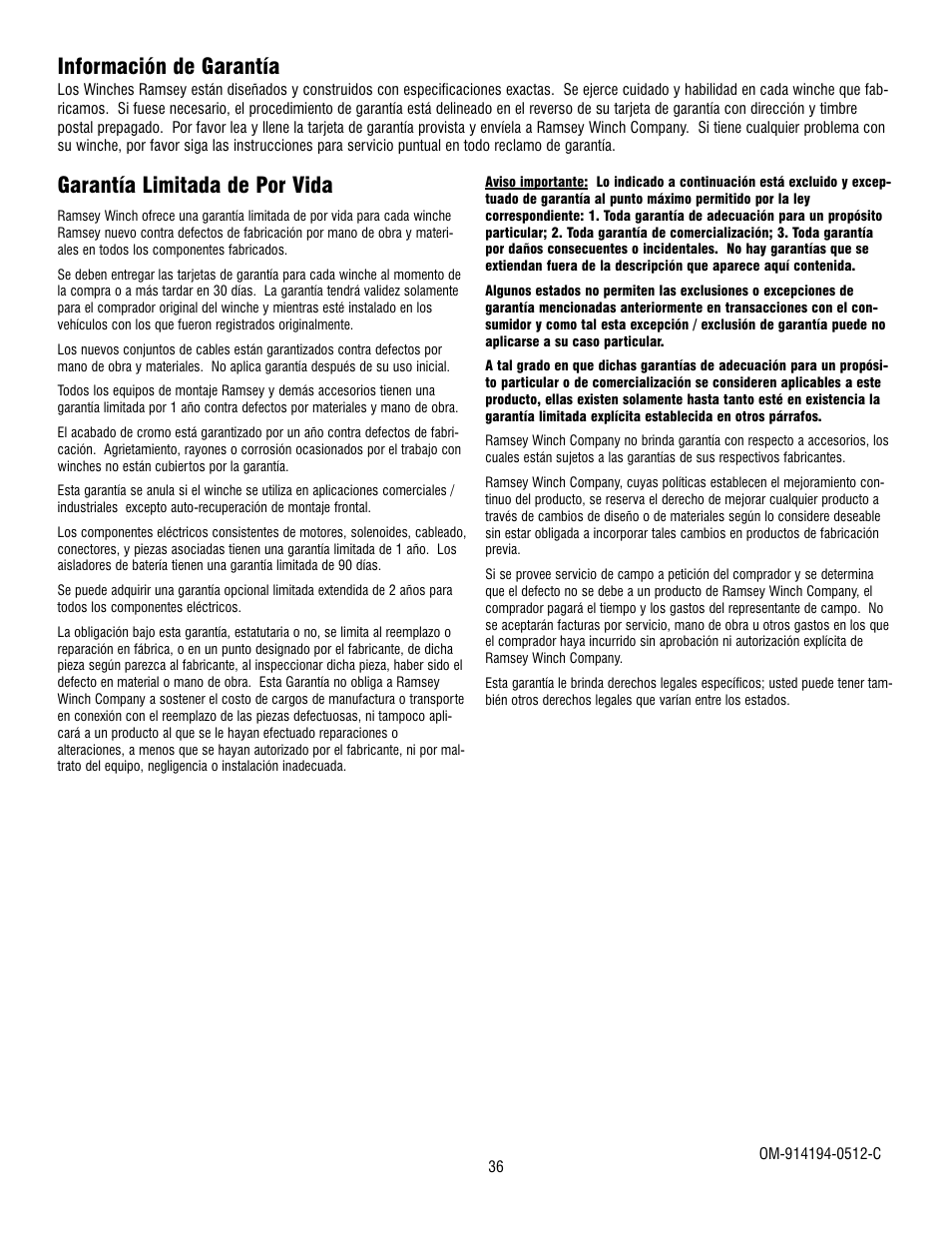 Garantía limitada de por vida, Información de garantía | Ramsey Winch REP 5000 User Manual | Page 36 / 36