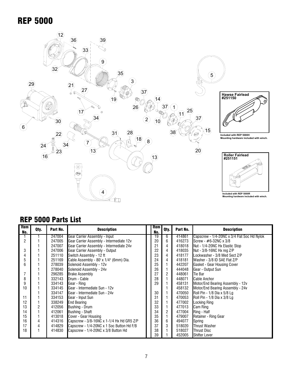 Rep 5000, Rep 5000 parts list | Ramsey Winch REP 5000 User Manual | Page 7 / 36