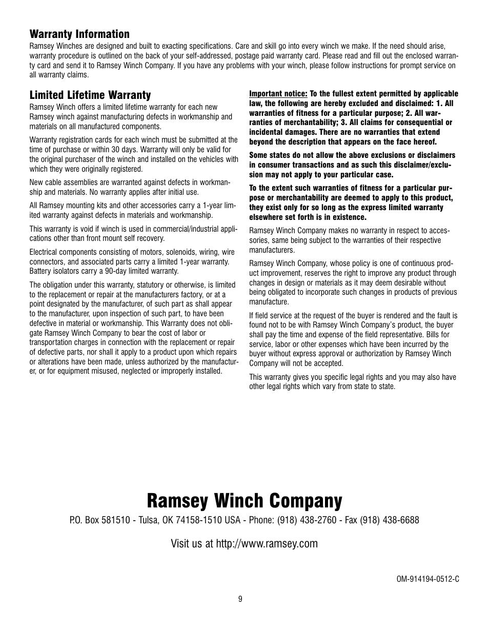 Ramsey winch company, Limited lifetime warranty, Warranty information | Ramsey Winch REP 5000 User Manual | Page 9 / 36