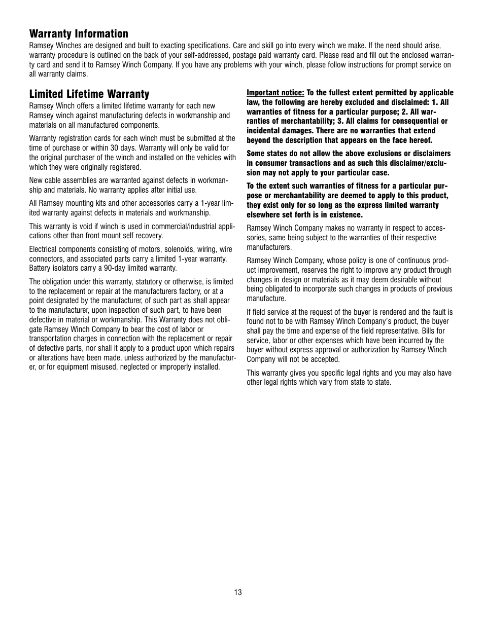 Limited lifetime warranty, Warranty information | Ramsey Winch REP 8000 & 9000 User Manual | Page 15 / 58