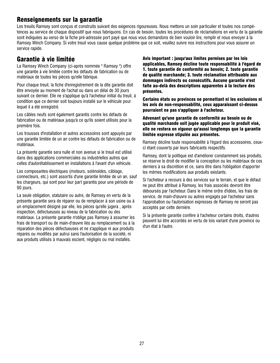 Garantie à vie limitée, Renseignements sur la garantie | Ramsey Winch REP 8000 & 9000 User Manual | Page 29 / 58