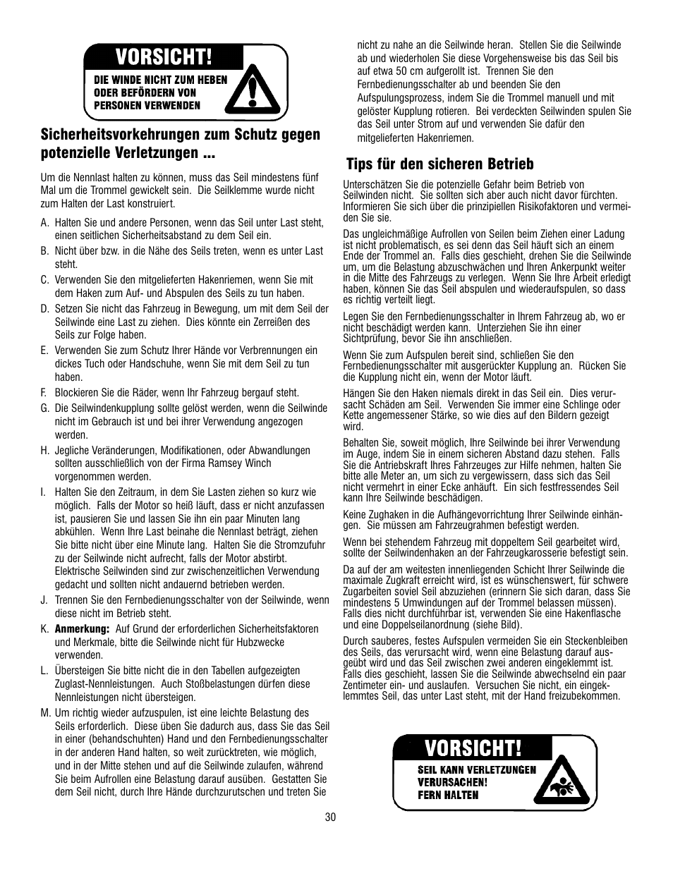 Tips für den sicheren betrieb | Ramsey Winch REP 8000 & 9000 User Manual | Page 32 / 58