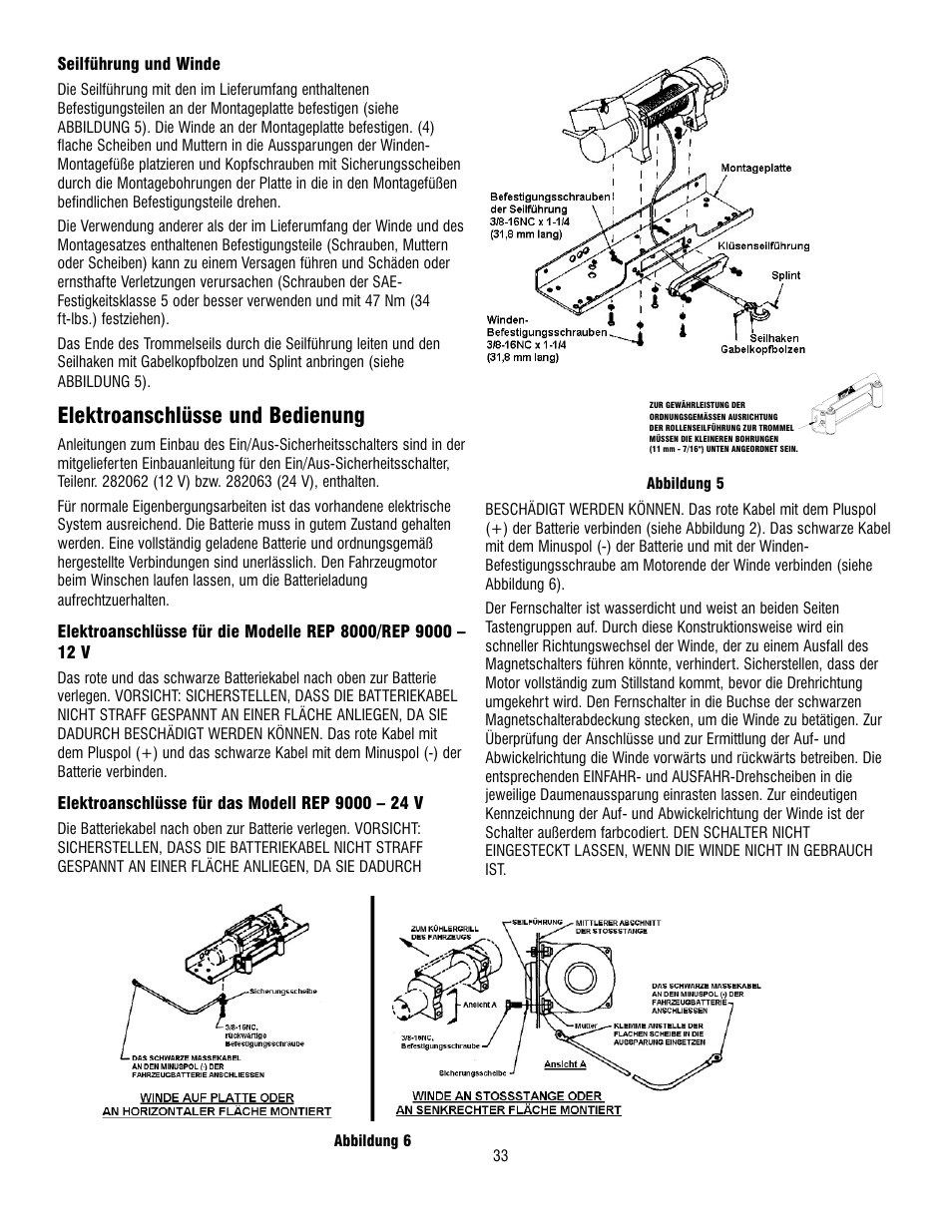 Elektroanschlüsse und bedienung | Ramsey Winch REP 8000 & 9000 User Manual | Page 35 / 58