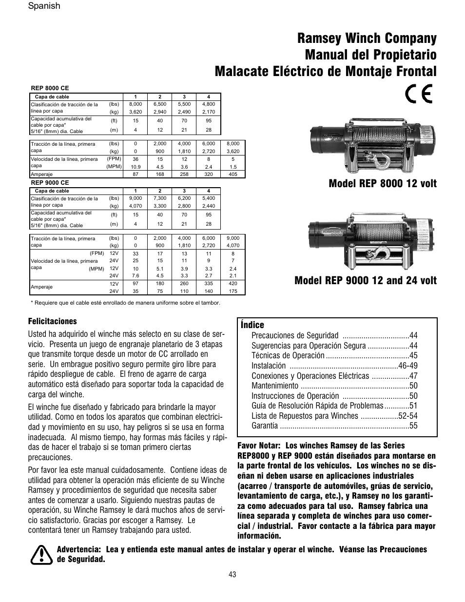 Índice, Spanish | Ramsey Winch REP 8000 & 9000 User Manual | Page 45 / 58