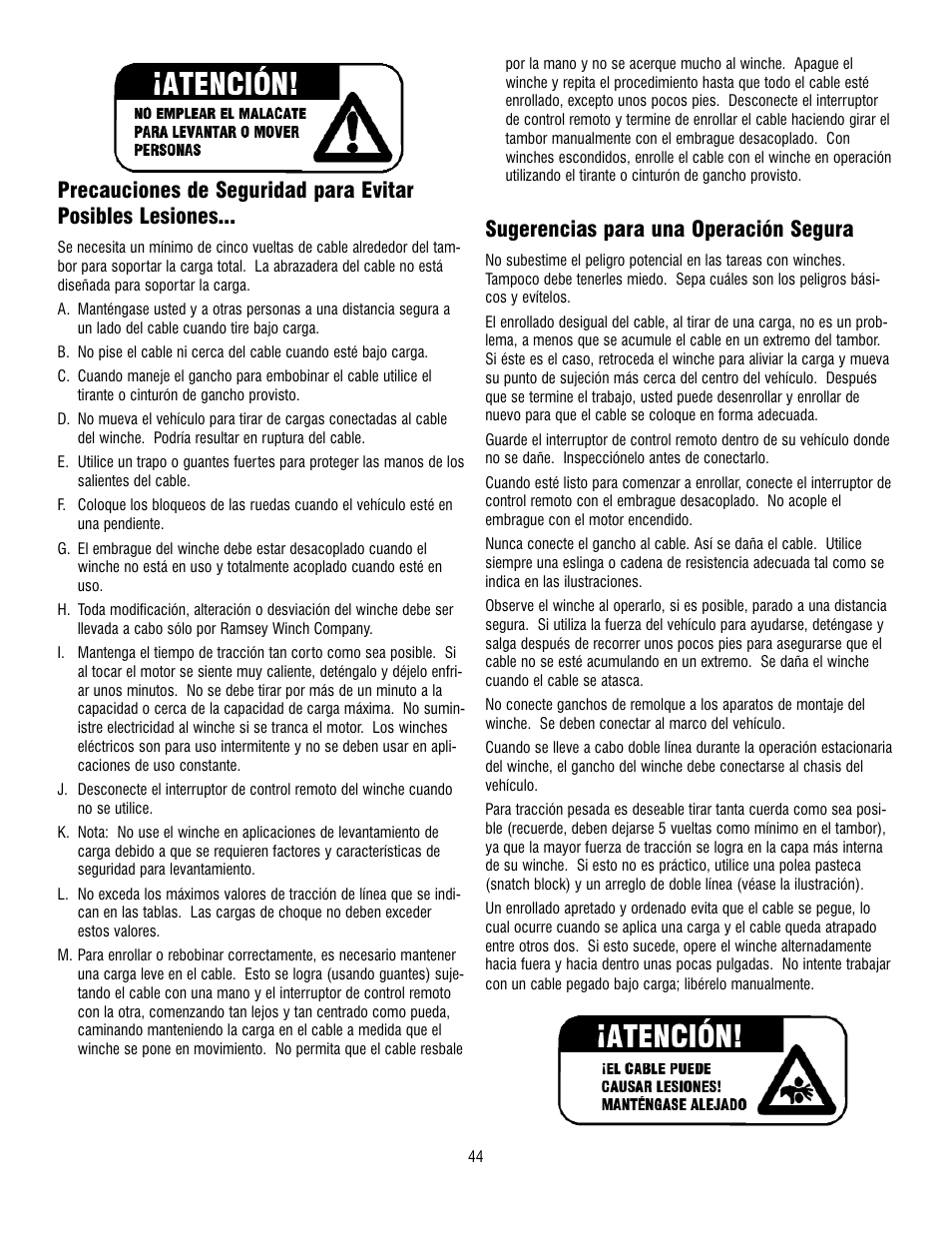 Sugerencias para una operación segura | Ramsey Winch REP 8000 & 9000 User Manual | Page 46 / 58