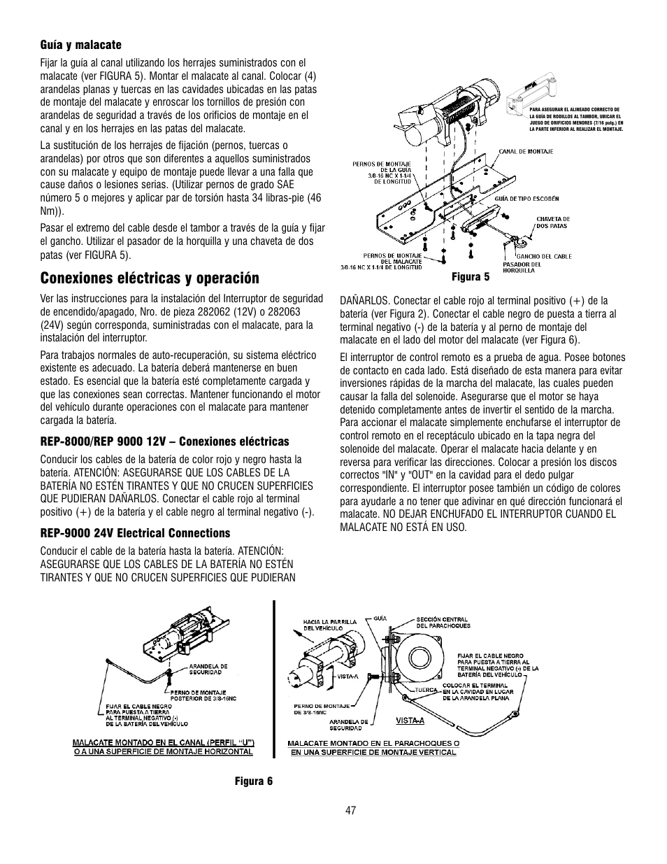 Conexiones eléctricas y operación | Ramsey Winch REP 8000 & 9000 User Manual | Page 49 / 58