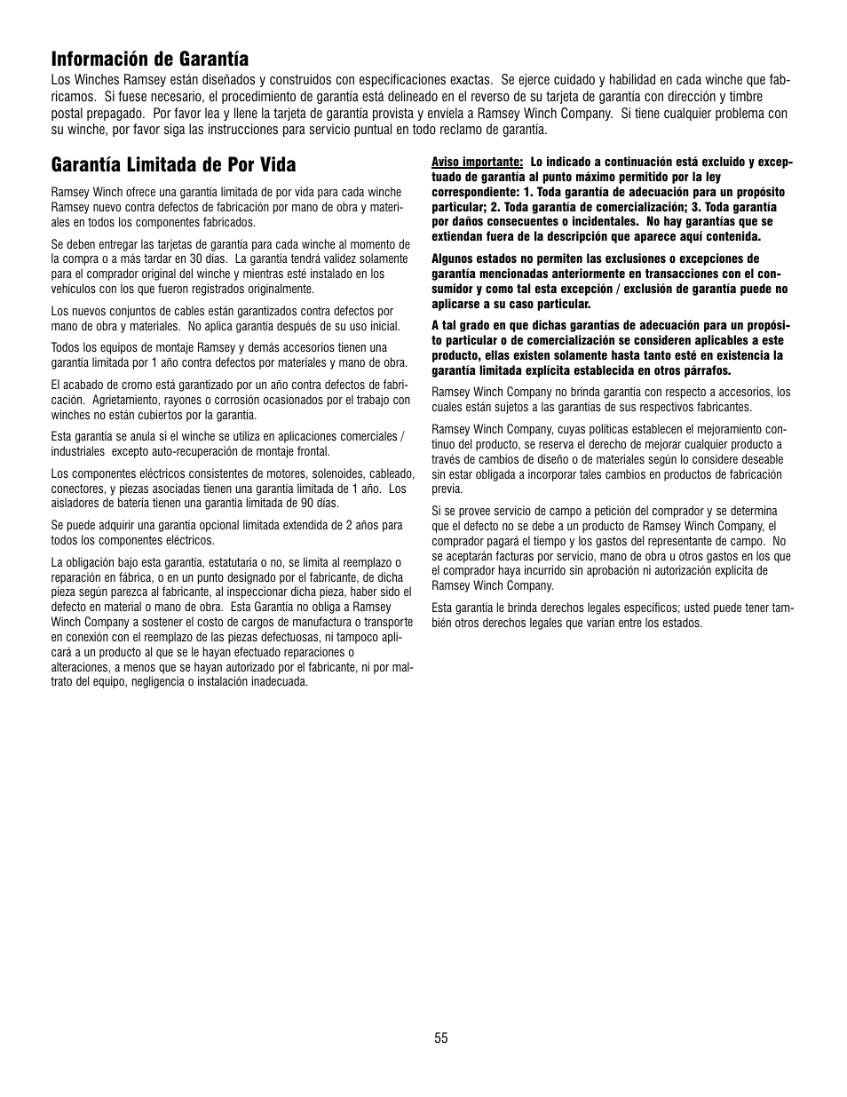 Garantía limitada de por vida, Información de garantía | Ramsey Winch REP 8000 & 9000 User Manual | Page 57 / 58